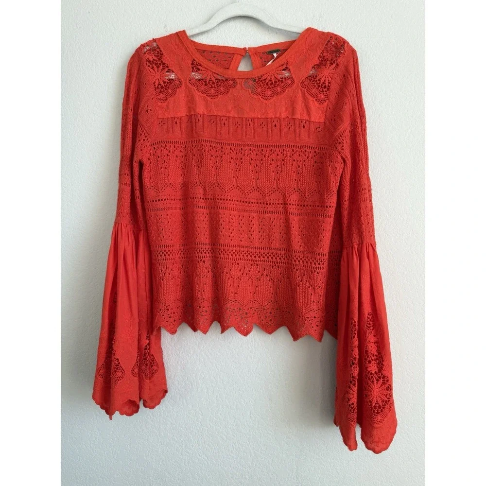 Free People Women's Flare Bell Sleeve Knit Crochet Eyelet Orange Red Size S Boho